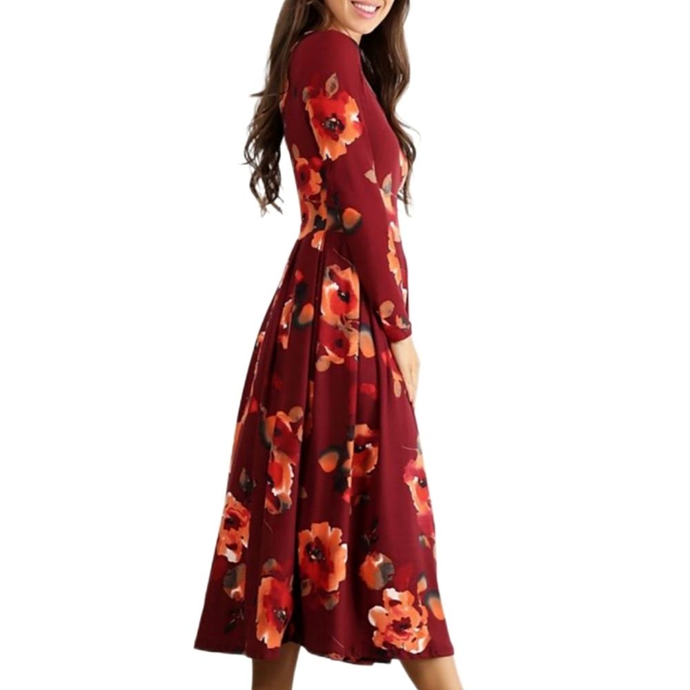 FLORAL BURGUNDY & PEACH PLEATED MIDI DRESS - Picture 4 of 9